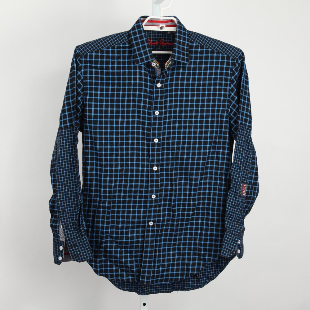 Robert Graham Button Down Shirt Mens L Blue Black Grid Flip Cuff Long Cleeves - Picture 2 of 12
